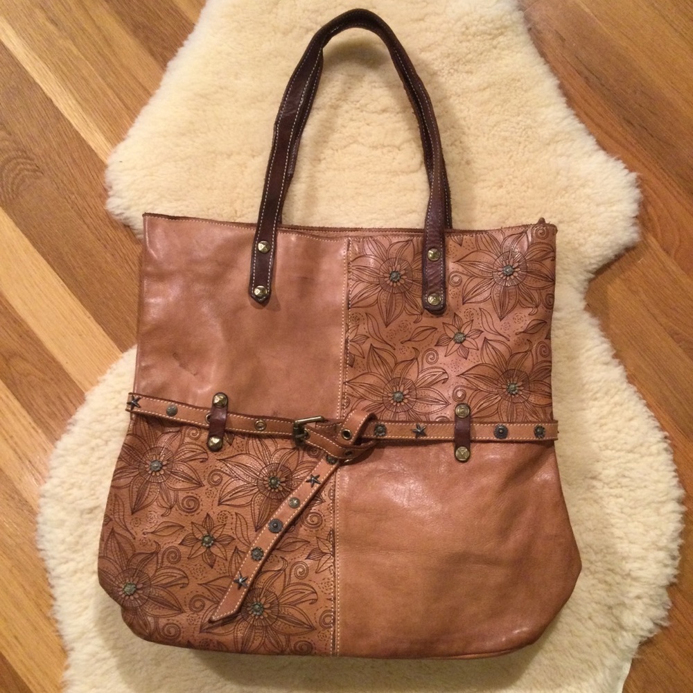 Costanza Rota brown leather buckle studded floral tote bag